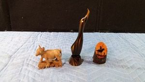 3 carved wood items ( swan, Bull, native American scenery on wood