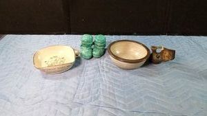 Signed Forrest German pottery bowl, Goedewagon Gouda Holland square soup bowl Raven Crafts Alaska moccasin S&P shakers and a pottery wedding jar