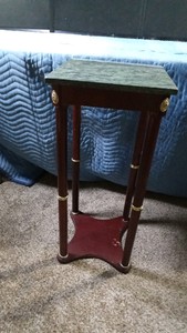 Wood plant stand with green marble top and gold tone accents