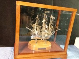 1980s Coca-Cola corporate achievement award silver plated ship in a woodglass case