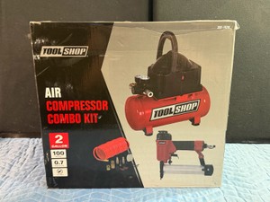 Tool Shop 2-gallon hot dog air compressor combo kit, featuring a 100 PSI max pressure and an oil-free pump new in the box