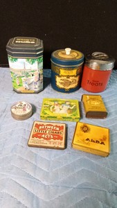 Vintage tins and Porcelain silver plated Oriental trinket box
