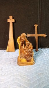 sculpture of Joseph, Mary and Jesus carved in the Holy Land byShiek Zaid and 2 wooden crosses