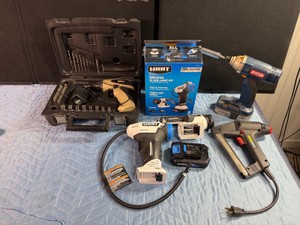 Ryobi Lithium 18v Impact Wrench (works), Hart Inflator & LED Light Kit (works - 20v lithium Ion), Stanley Electric TRE 300 StaplerNailer, Rockwell Shop series drill (charging cord wire is broke)