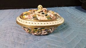 Capodimonte Italy Cherub lidded candy dish hand painted center piece high relief