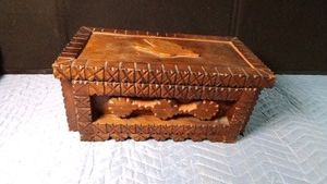 Antique Tramp Art wooden box made from a fruit crate