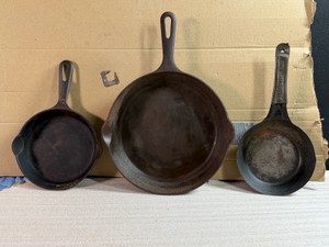 2 - Griswold Cast Iron Skillets and 1 Cold Handle Cowboy Skillet