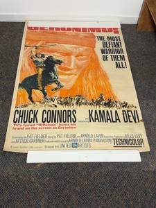 Original theatrical movie poster from the 1962 Western film Geronimo, directed by Arnold Laven. The film features actor Chuck Connors (widely recognized from TVs The Rifleman) alongside Kamala Devi.