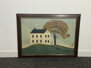 Famous Americana folk art piece titled House with Flag by the renowned American contemporary folk artist Warren Kimble.
