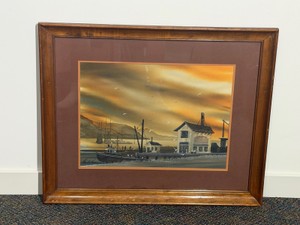 Possible nautical watercolor painting titled Dusk at Provincetown created by the American artist John Cuthbert Hare - see description for more info