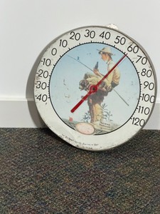Vintage 12-inch round Coca-Cola advertising thermometer featuring Norman Rockwell artwork titled Boy Fishing. - see description for more info