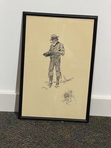 Framed reproduction sketch print titled The Prospector by Western artist Charles M. Russell.