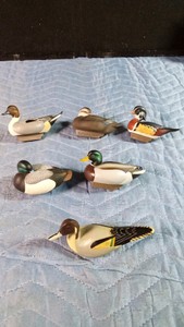 5 ducks unlimited ducks by Jett Brunette and 1 Ward Bros Pintail miniature duck decoy hand painted1936 signed by Joe Seme