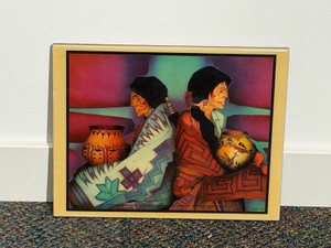 Ceramic art tile showcasing the piece Dos Artesanas by the renowned Southwestern and Native American modernist artist Amado Maurilio Pea Jr.. Pea is celebrated for his vibrant depictions of indigenous culture, textiles, and pottery using bold lines and 
