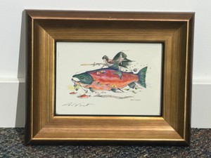 Framed Signed artwork features a whimsical watercolor and ink illustration of a pirate-themed sockeye salmon.