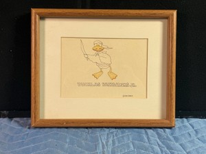 Vintage cartoon print titled Ducklas Fairbanks Jr. by the artist John Baron, created during the 1980s.