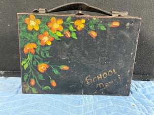Vintage hand-painted folk art metal document box with leather handle
