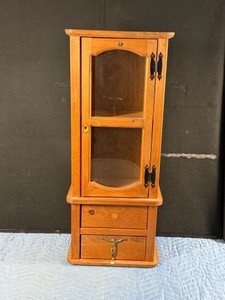 Vintage wood tabletop curio cabinet featuring a glass display door, two small drawers - see description for more info