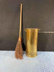 Vintage cylindrical brass umbrella and cane stand features decorative riveted strapwork and side ring handles with Hearth Broom