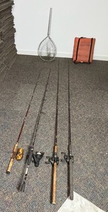 4 - Fishing Rods with Reels, 1 Fishing Net and 1 Boat Seat  Life Preserver - See description for more info