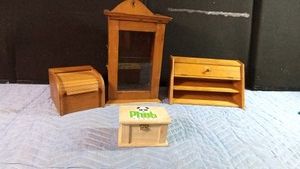 Wooden display cabinet, wooden rolltop recipe file, wooden letter mail organizer and a wooden box