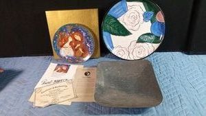 Vintage Towel Silversmiths hammered serving tray, Romeo and Juliet plate and a hand painted in Italy platter
