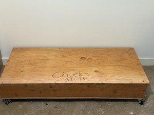 Cart made out of plywood and 2x4s on wheels - also has storage opening underneath