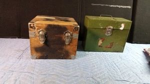 Wooden box with hinged lid and handles and metal filing case