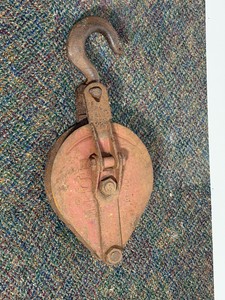 Vintage 3 Ton Crosby industrial snatch block pulley with a heavy-duty swivel hook