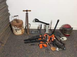 Vintage Portable Shovel with Pick Ax, Vintage Hemet, Motor Oil Can, Vintage Air Pimp, 2 Can Crushers and More
