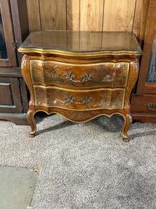 Vintage John Widdicomb Louis XV-style bombay hand-painted commode featuring curved serpentine fronts and ornate gilt accents