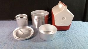 camping cook set and an igloo cooler