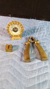 Vintage German barometer, solid brass hand grip exerciser and a small solid brass v block
