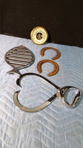 West Germany vintage weather barometer, 2 Ox shoes, fish trivet and Thompson ice tonges