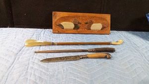 Italy shoe horn, vintage knife & sharpener and a hand-carved duck plaque