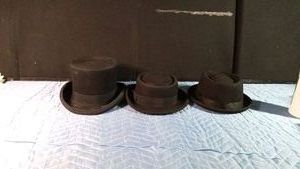 Wool top hat and 2 wool pork pie hats