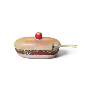 Vintage Enesco container with spoon shaped like a hot dog.