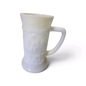Vintage Federal Glass white milk glass mug featuring an embossed tavern or pub scene.