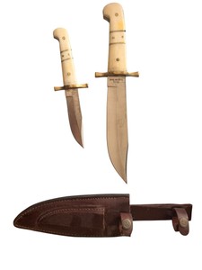 Matched Hunting Knife & Companion Knife Set w Leather Sheath  TR114 Surgical Steel