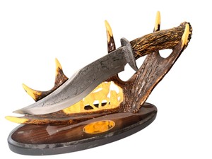 Fixed Blade Hunting Knife w Faux Antler Handle & Illuminated Deer Display Stand
