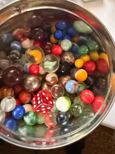 Large Marble Collection  Glass Marbles, Steel Shooter Marbles & Dice in Metal Tin