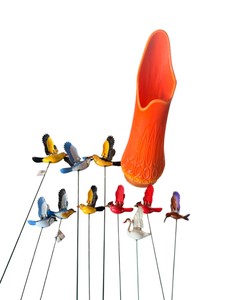 Lot of Decorative Bird Garden Stakes with Orange Vase