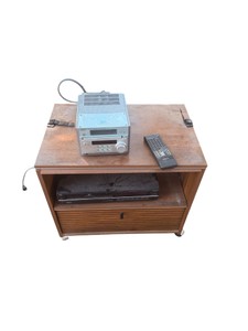 Rolling and Rotating-Top Media Cabinet with Sony Stereo with no speaker, Sanyo VHS Player & Remote
