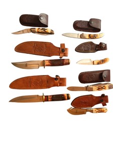 Bone Collector USA Knife Collection  7 Knives with Original Leather Sheaths - Valued around 400 for set