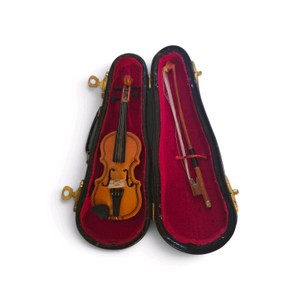 Collectible miniature violin replica features a polished wood finish and comes with a matching bow.