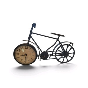 vintage-style metal bicycle desk clock features a black rustic frame and a clock face incorporated into the front wheel