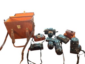 Vintage Camera Collection with Leather Camera Bag - Valued 700