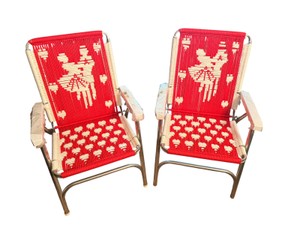 Pair of Vintage Woven Lawn Chairs  Aluminum Frames