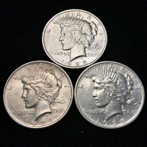 3x United States Peace Dollars - 90% Silver 1923-1925