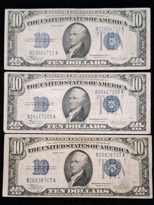 Lot of (3) total - 1934 C JulianSnyder $10 Silver Certificates